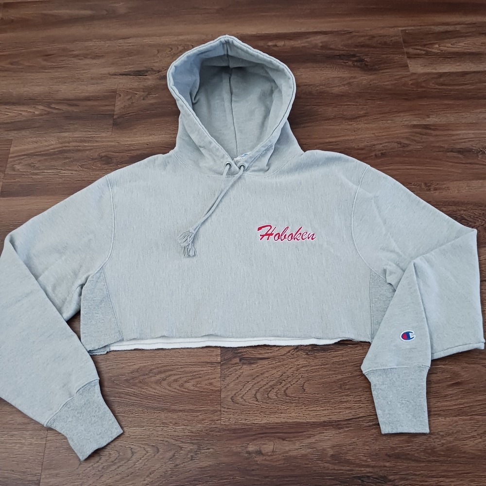 Champion Reverse Weave Hobokon NJ Hoodie Crop Top Cutoff Size Small Gray